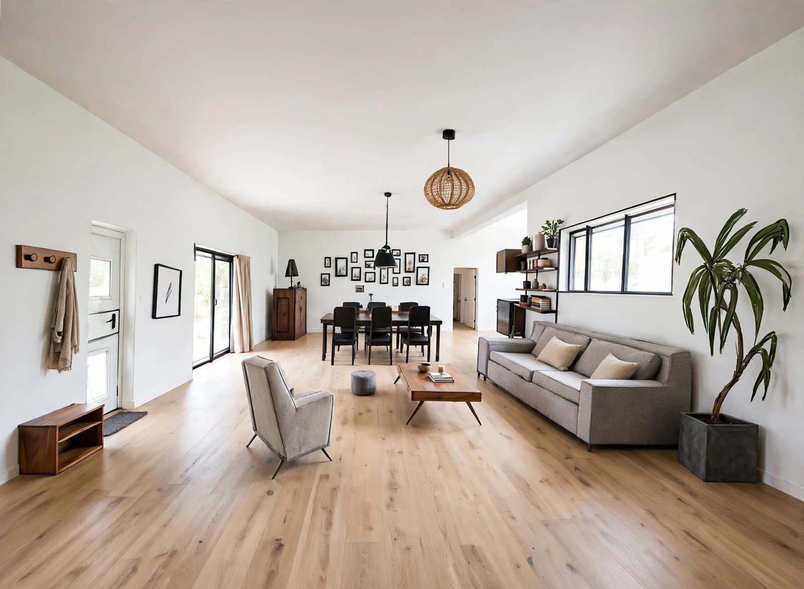 The same sketch turned into a realistic interior render with oak flooring, a grey sofa, a dining table and pendant lights