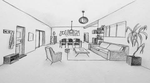 Pencil perspective sketch of an open-plan living and dining room