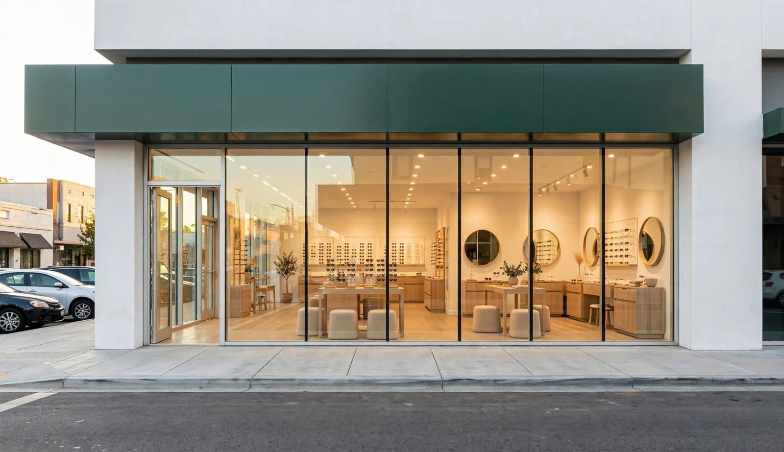 Storefront rendering of the same shopfront fitted out as an eyewear boutique, with oak display tables, round mirrors and warm lighting