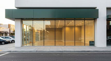 Photo of an empty shopfront for lease, with a green fascia and full-height glazing