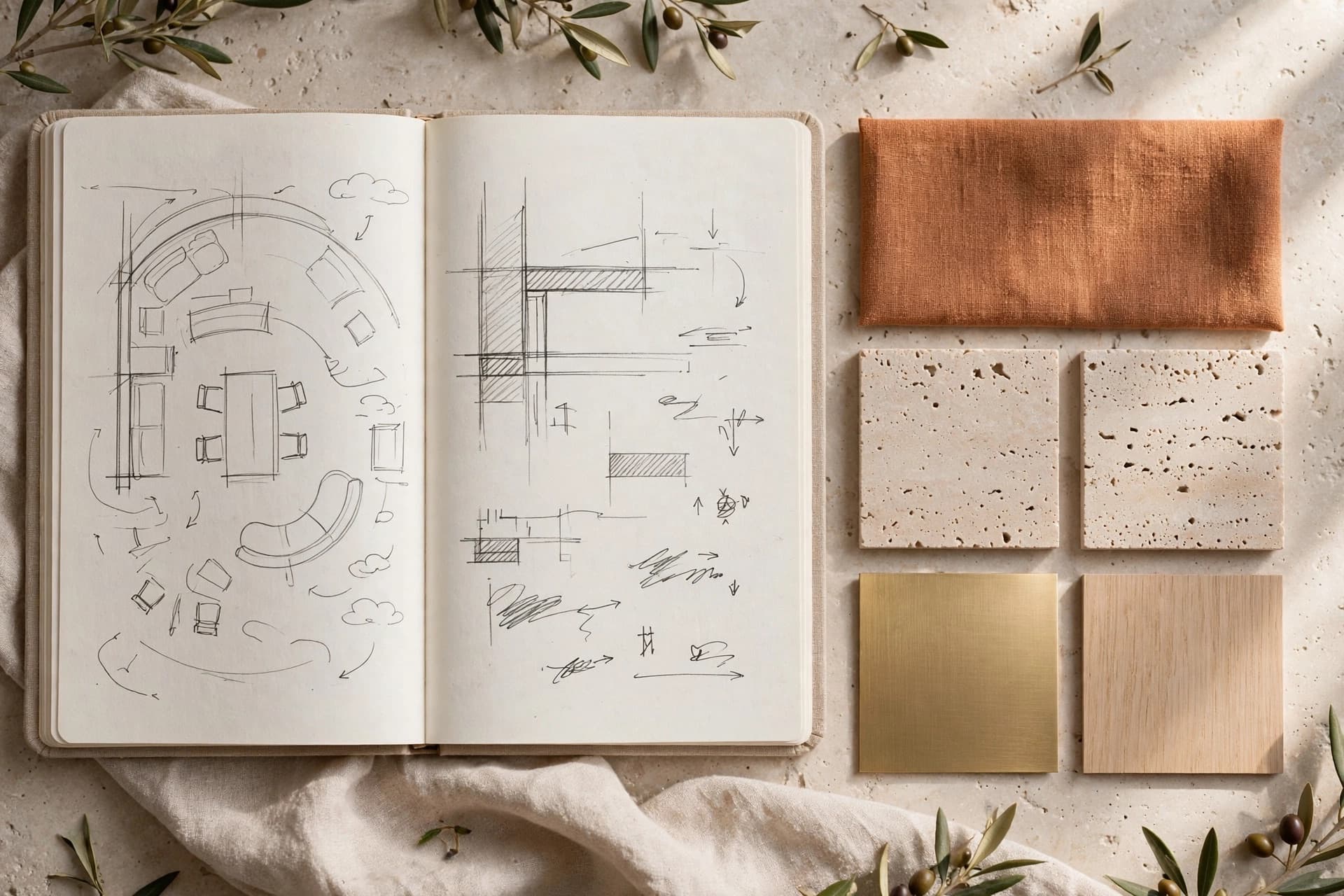 A notebook of design sketches next to linen, travertine, brass and oak material swatches