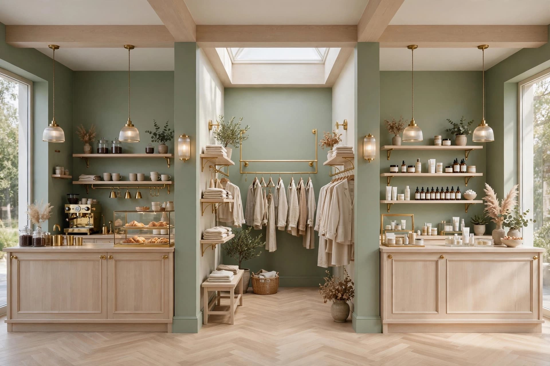 A café, a fashion store and a skincare shop sharing the same sage, oak and brass brand identity