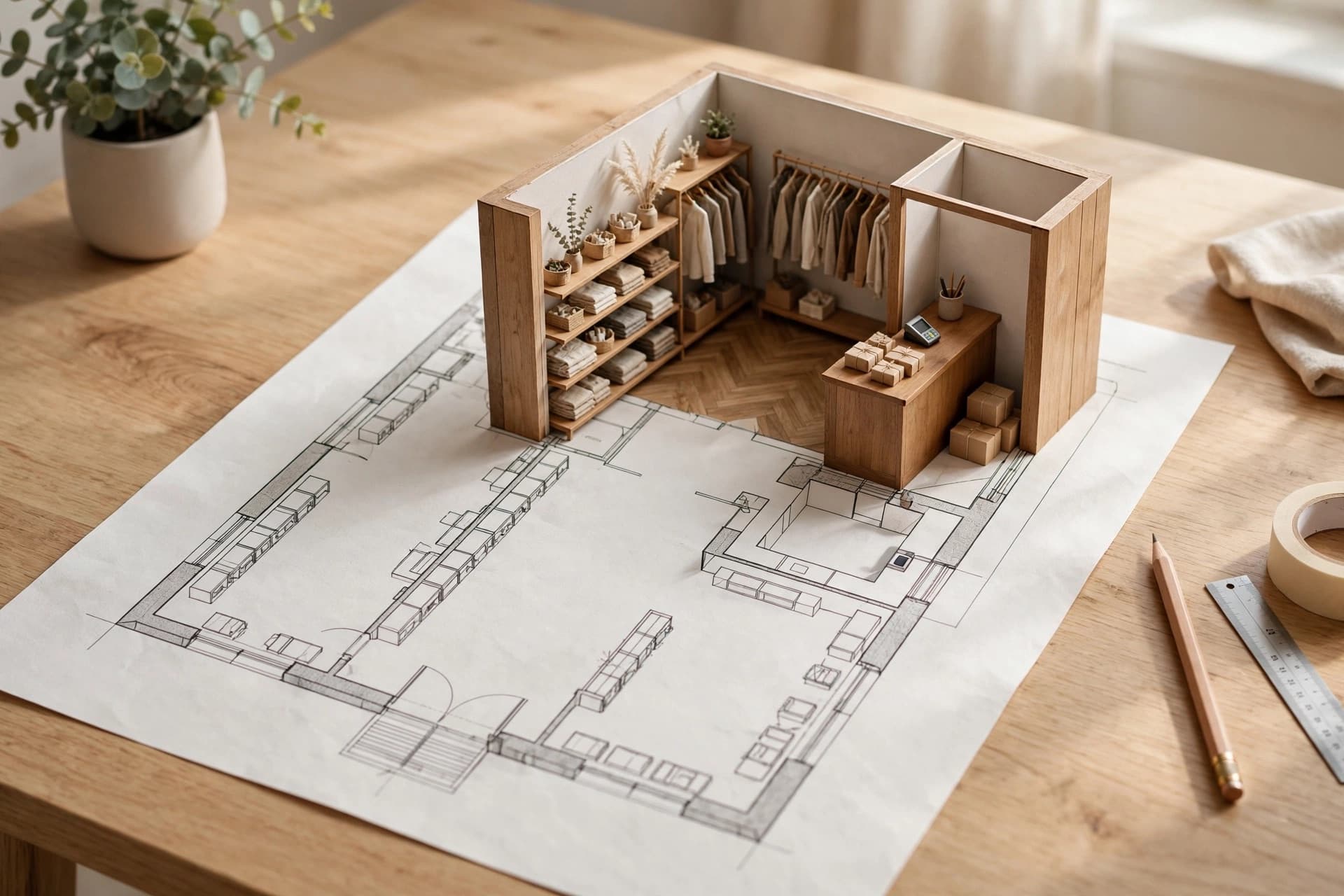 A printed floor plan on a desk with a 3D cutaway model of the boutique rising from it