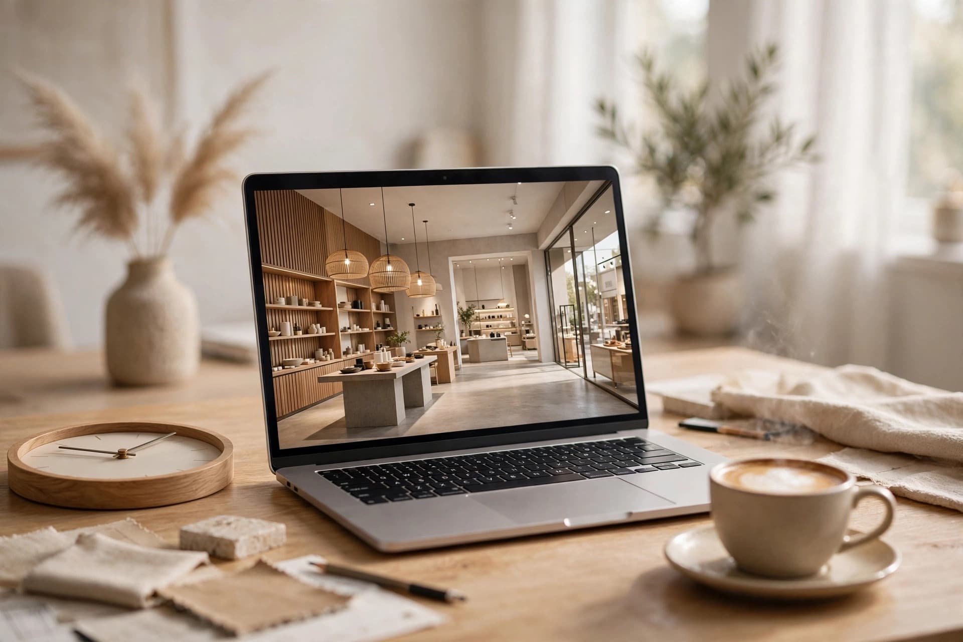 A laptop showing a finished store render on a designer's desk, next to a clock and a coffee
