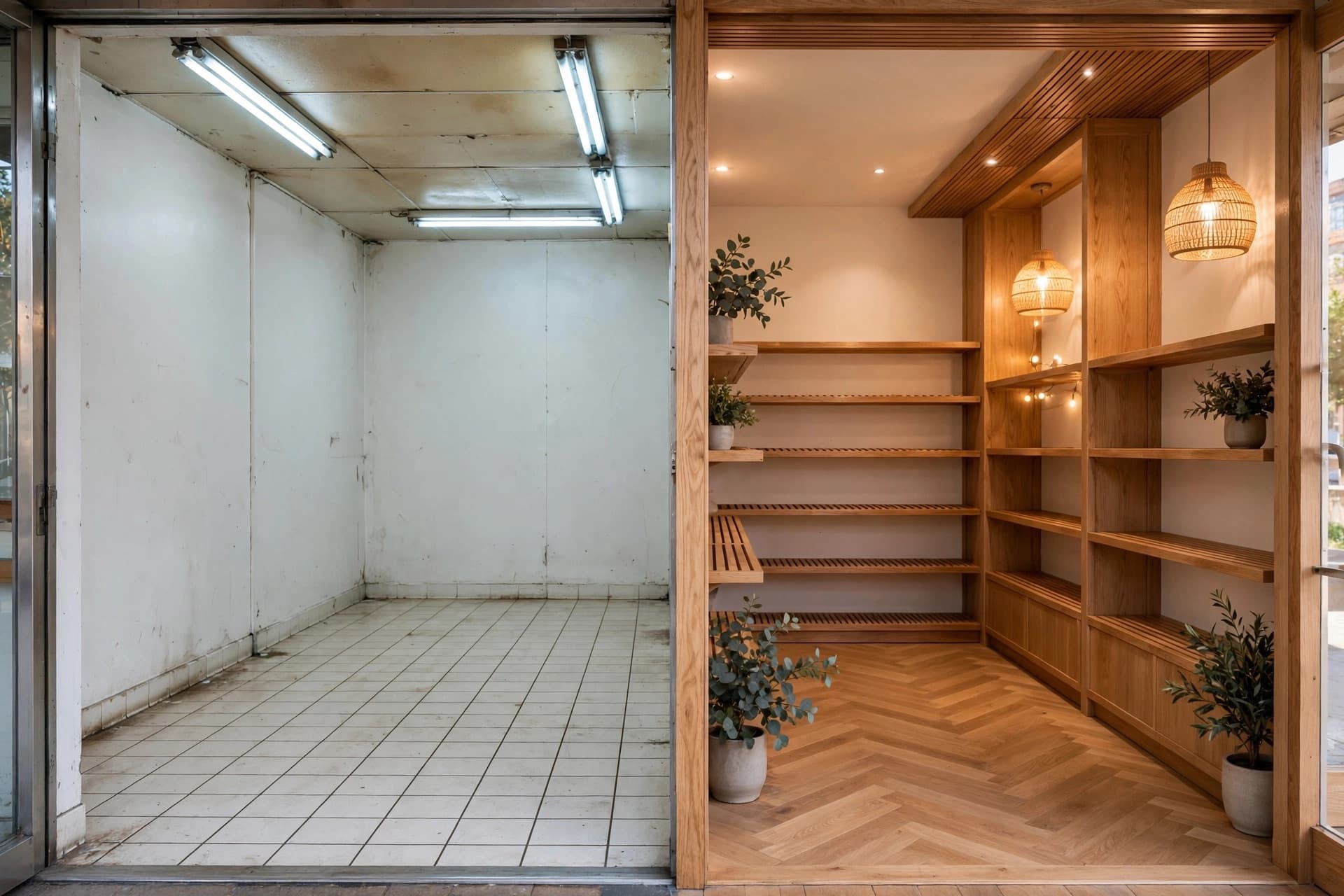 An empty retail unit split down the middle with its redesign as a warm oak boutique