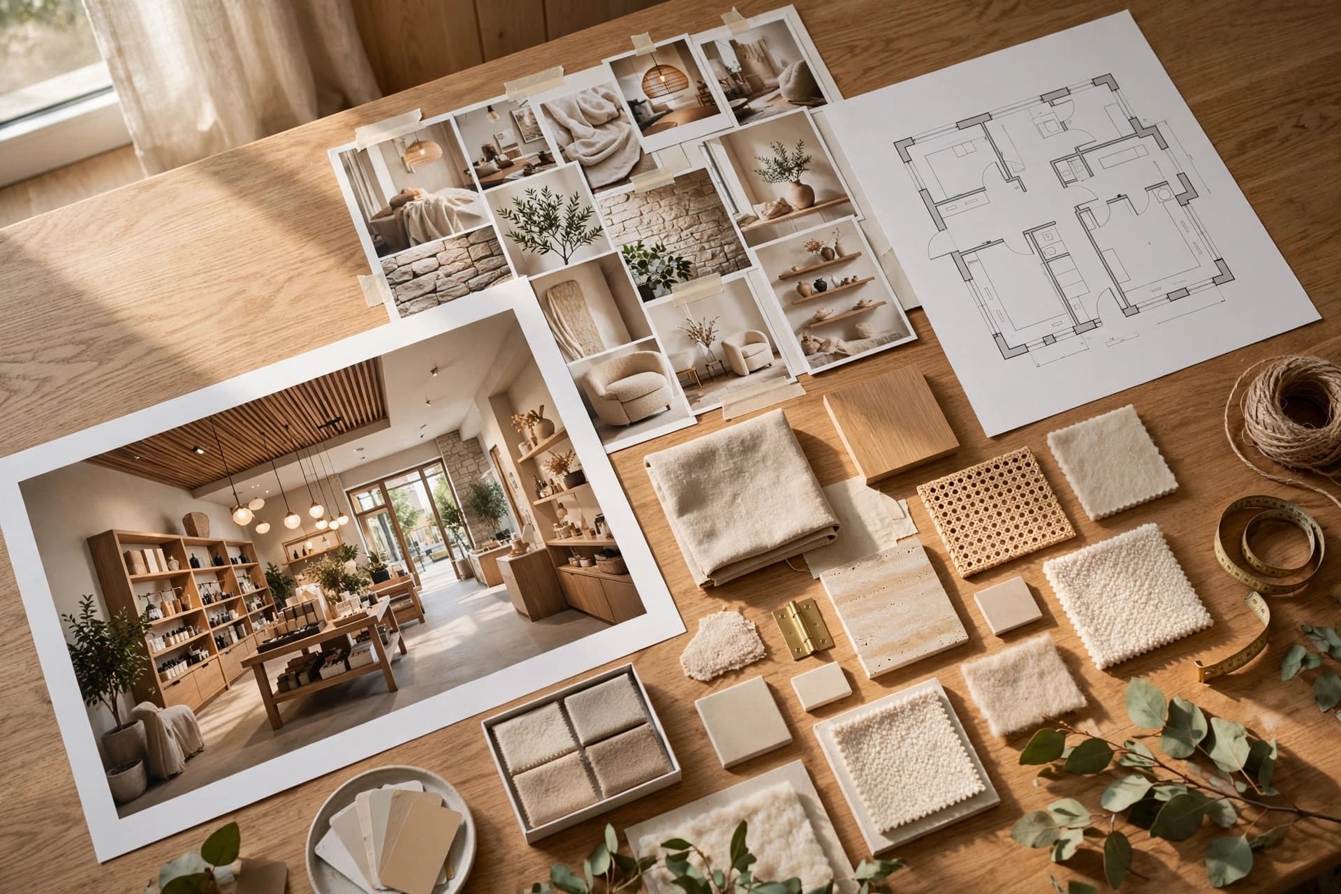 A design presentation laid out on a table: store renders, a mood board, material samples and a floor plan